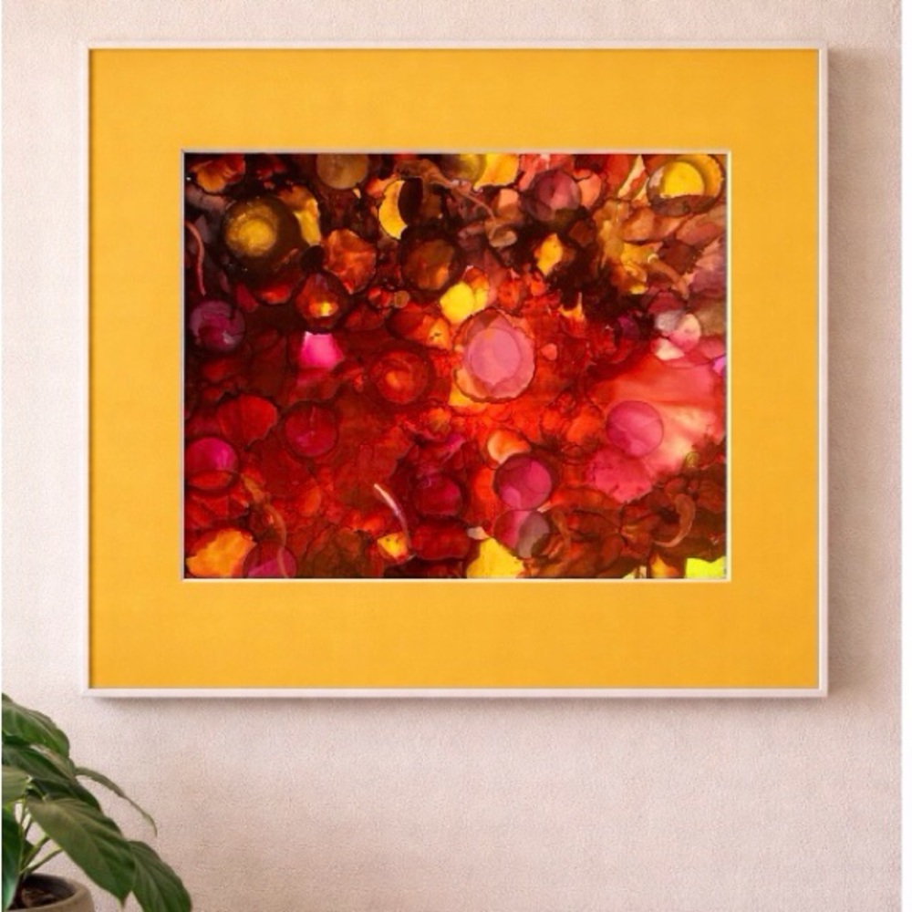 Original hand crafted yellow and red abstract alcohol ink wall decor painting